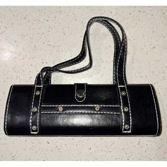 Black Small Rectangular Handbag Cosmetic Purse with Decorative Silver Tone Studs - Picture 1 of 15